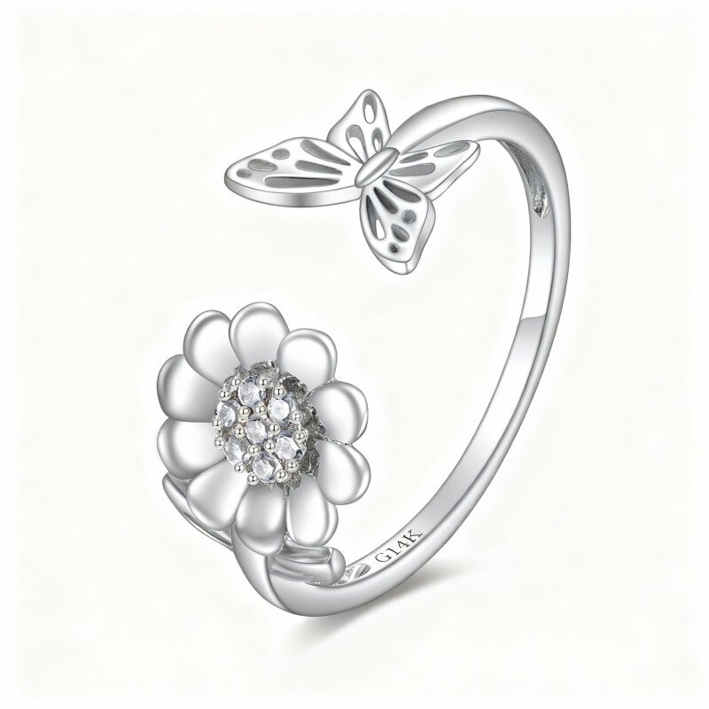 10K White Gold Cubic Zirconia Butterfly & Sunflower Open Ring-11
