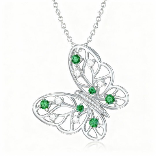 Halskette aus 10-karätigem Weißgold mit Zirkonia-Anhänger in Form eines Schmetterlings und Lebensbaums