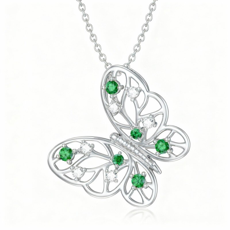 Colar com pendente de borboleta e árvore da vida em ouro branco 10K com zircónias cúbicas-16