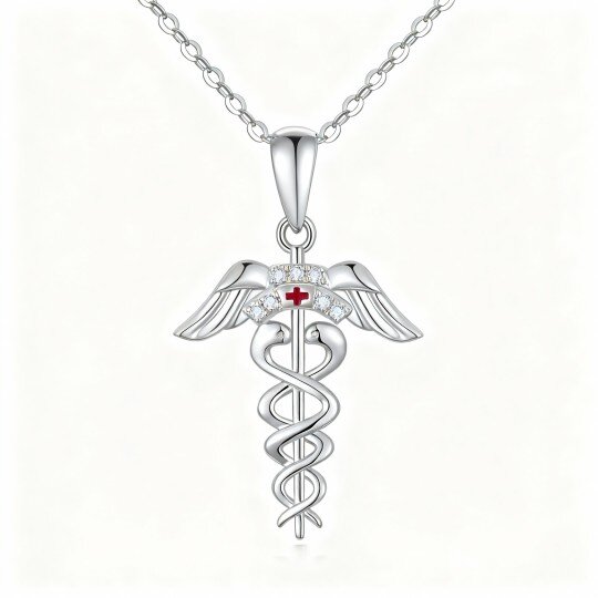 10K White Gold Cubic Zirconia Caduceus Pendant Necklace