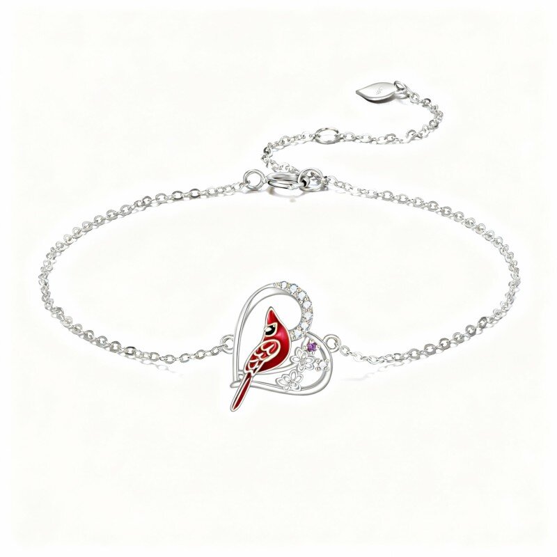 10K White Gold Cubic Zirconia Cardinal & Heart Charm Bracelet-4