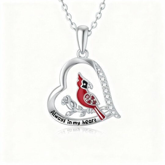 10K White Gold Cubic Zirconia Cardinal & Rose & Heart Pendant Necklace with Engraved Word