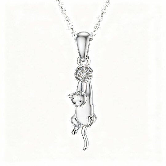 10K White Gold Cat & Ball Pendant Necklace