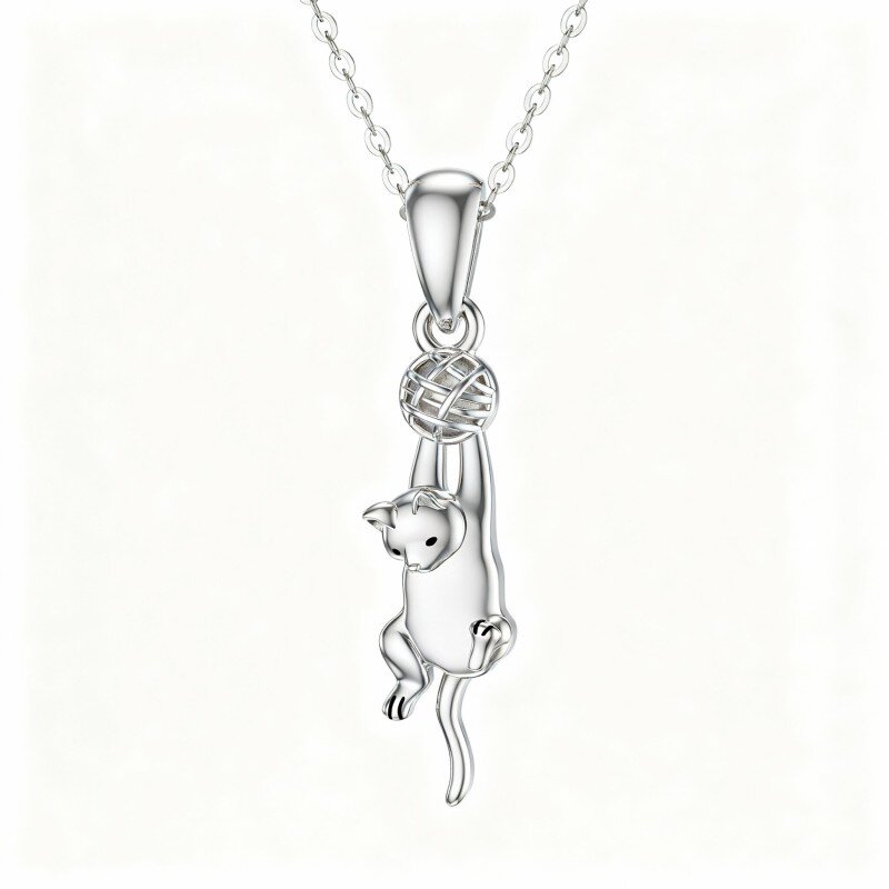 10K White Gold Cat & Ball Pendant Necklace-1