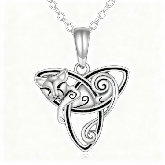 10K White Gold Cat & Celtic Knot Pendant Necklace