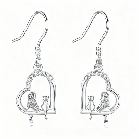 10K White Gold Cubic Zirconia Cat & Heart Drop Earrings
