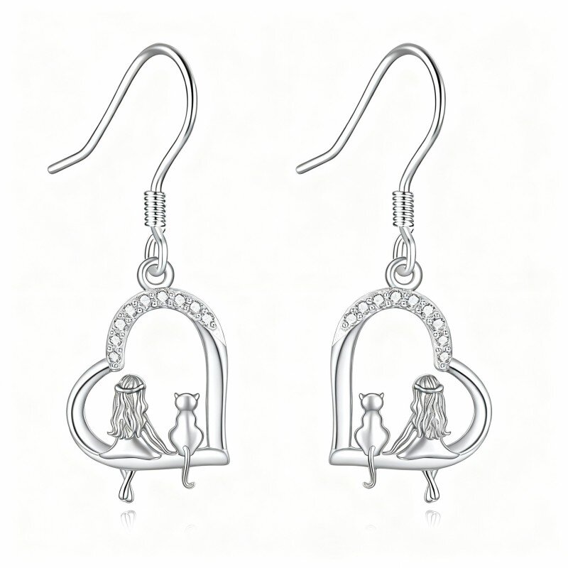 10K White Gold Cubic Zirconia Cat & Heart Drop Earrings-6