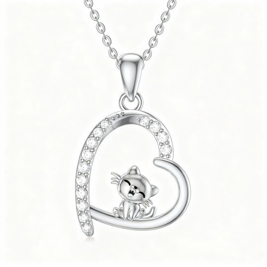 10K White Gold Cubic Zirconia Cat & Heart Pendant Necklace