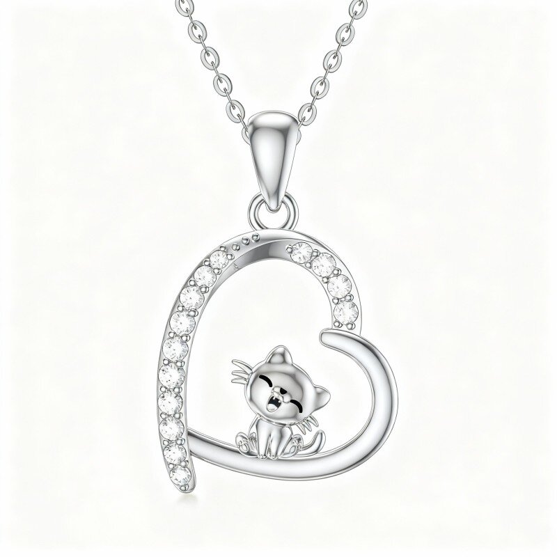 10K White Gold Cubic Zirconia Cat & Heart Pendant Necklace-18