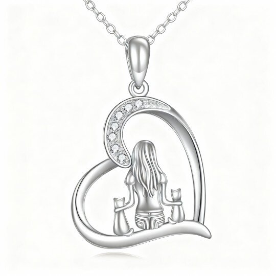 10K White Gold Cubic Zirconia Cat & Heart Pendant Necklace