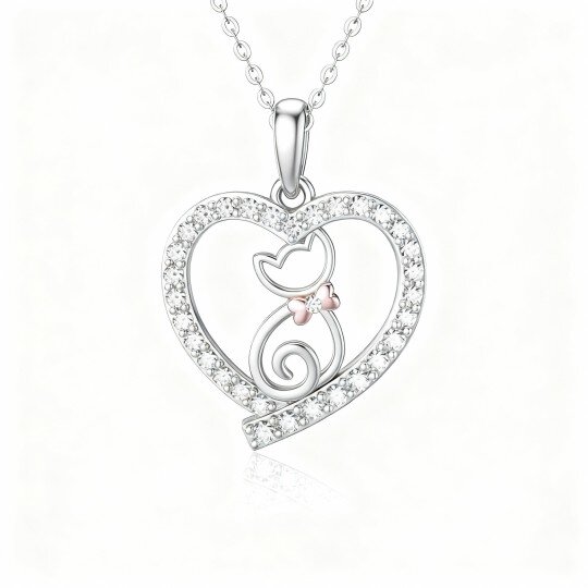10K White Gold Cat & Heart Pendant Necklace