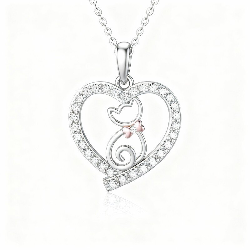 Colar com pendente gato e coração em ouro branco 10K-18