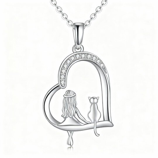 10K White Gold Cat & Heart Pendant Necklace