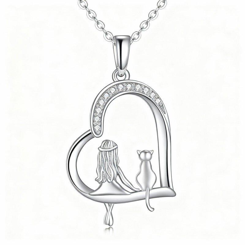 10K White Gold Cat & Heart Pendant Necklace-19