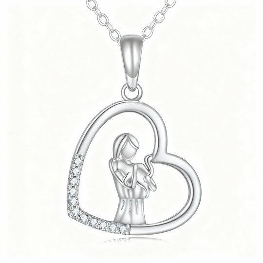 10K White Gold Cubic Zirconia Cat & Heart Pendant Necklace