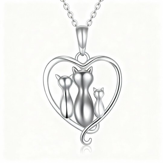 10K White Gold Cat & Heart Pendant Necklace