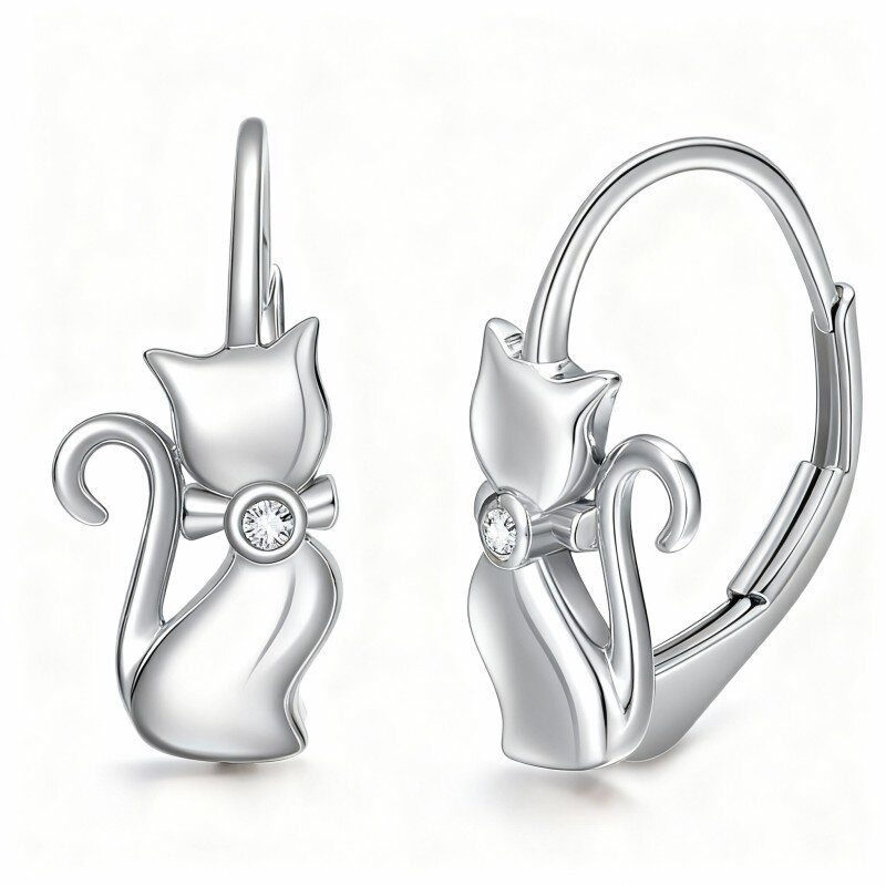 Brincos de argola em forma de gato com zircónias cúbicas em ouro branco 10K-17