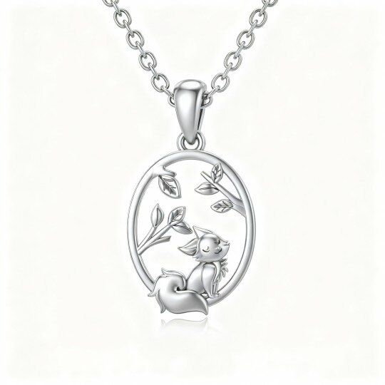 Halskette aus 10-karätigem Weißgold mit Katzen- und Blätteranhänger