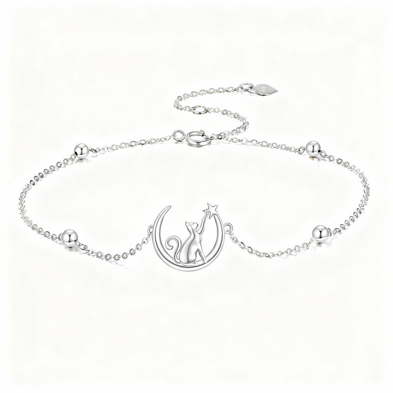 Pulseira com pendente gato e lua em ouro branco 10K-1