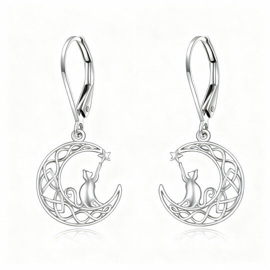 10K White Gold Cat & Moon Drop Earrings