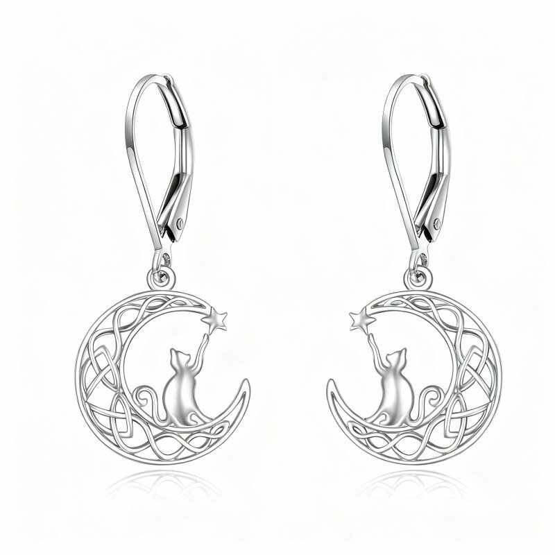 10K White Gold Cat & Moon Drop Earrings-18