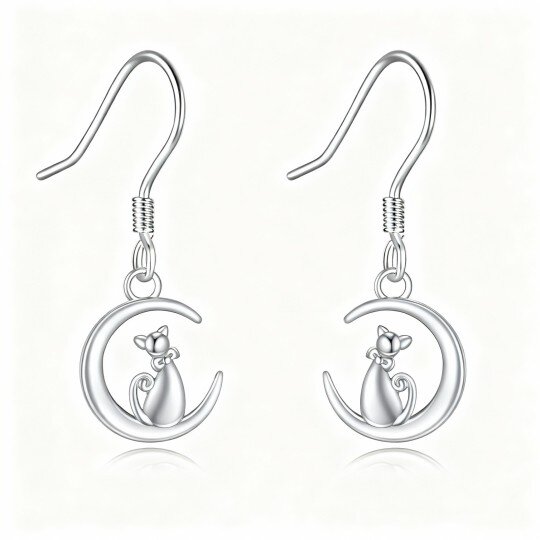 10K White Gold Cat & Moon Drop Earrings