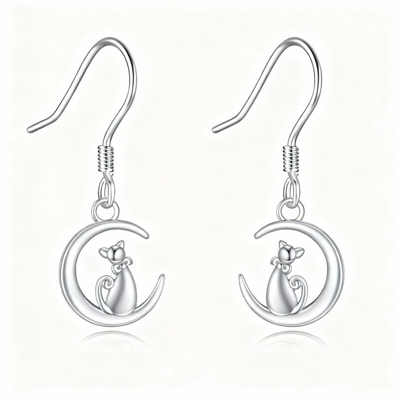 10K White Gold Cat & Moon Drop Earrings-1