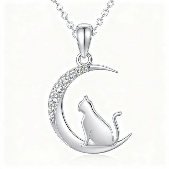10K White Gold Cubic Zirconia Cat & Moon Pendant Necklace