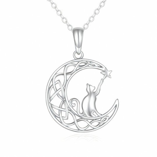 10K White Gold Cat & Moon Pendant Necklace