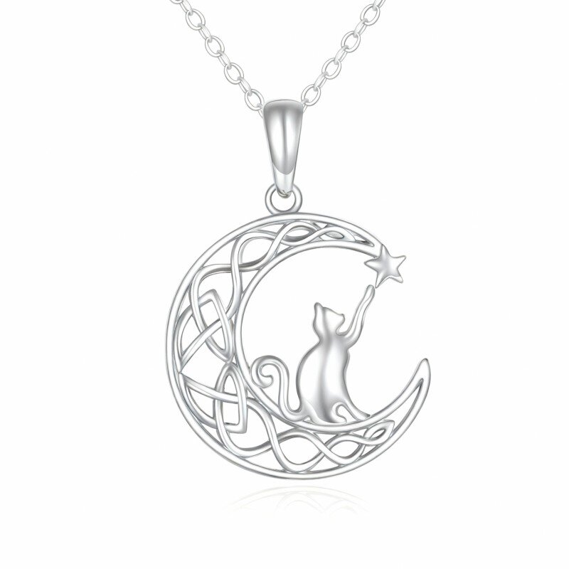 Colar com pendente gato e lua em ouro branco 10K-16
