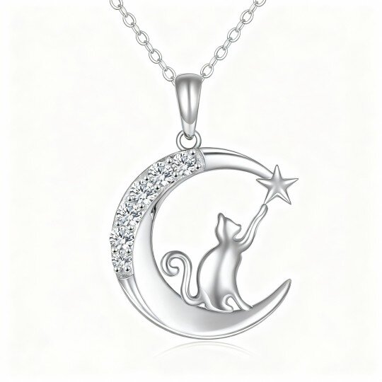 10K White Gold Cubic Zirconia Cat & Moon Pendant Necklace