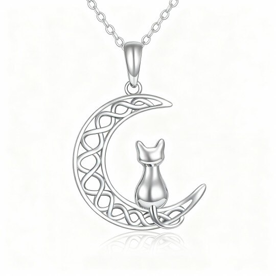 Halskette mit Katzen- und Mondanhänger aus 10-karätigem Weißgold