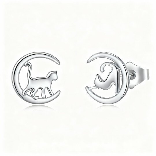 10K White Gold Cat & Moon Stud Earrings