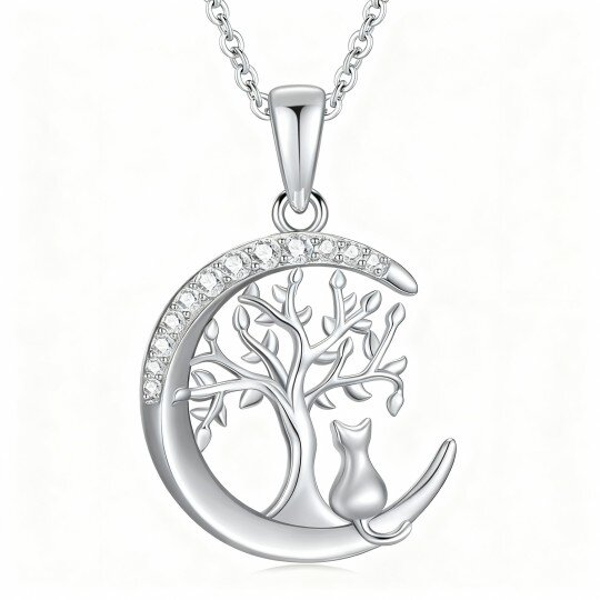 10K White Gold Cubic Zirconia Cat & Tree Of Life & Moon Pendant Necklace