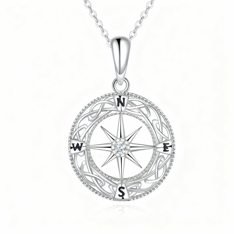 10K White Gold Cubic Zirconia Celtic Knot & Compass Pendant Necklace-10