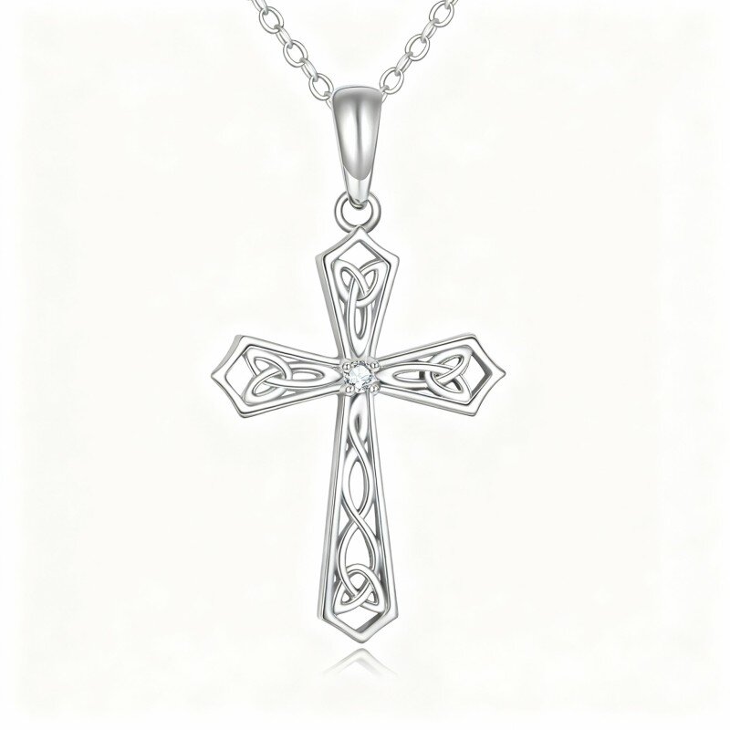 10K White Gold Cubic Zirconia Celtic Knot & Cross Pendant Necklace-19