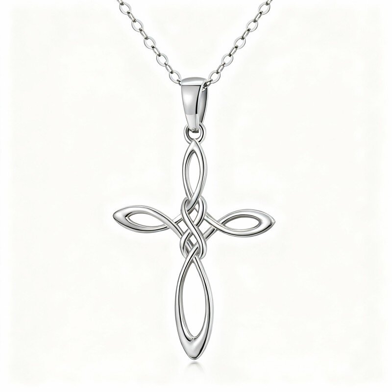 10K White Gold Celtic Knot & Cross Pendant Necklace-7