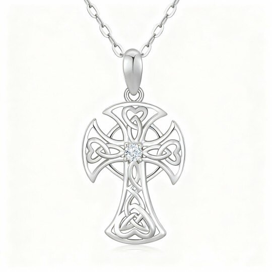 10K White Gold Cubic Zirconia Celtic Knot & Cross Pendant Necklace