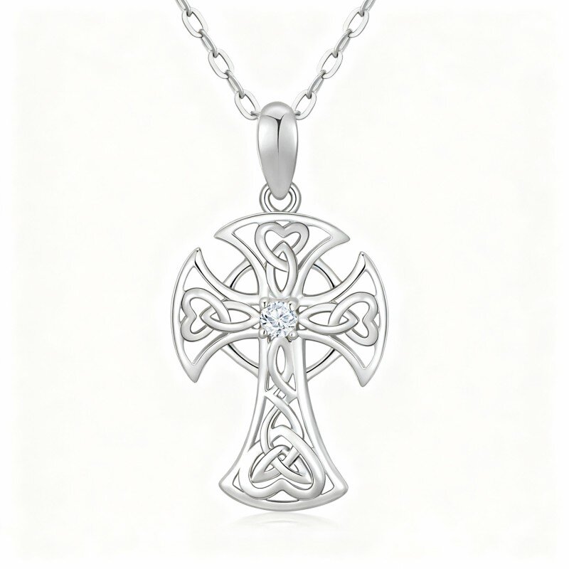 10K White Gold Cubic Zirconia Celtic Knot & Cross Pendant Necklace-18