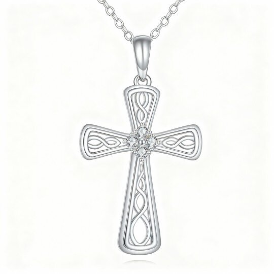 10K White Gold Cubic Zirconia Celtic Knot & Cross Pendant Necklace