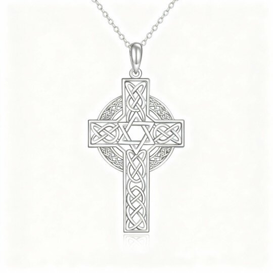 Colar com pendente em ouro branco 10K com nó celta, cruz e estrela de David