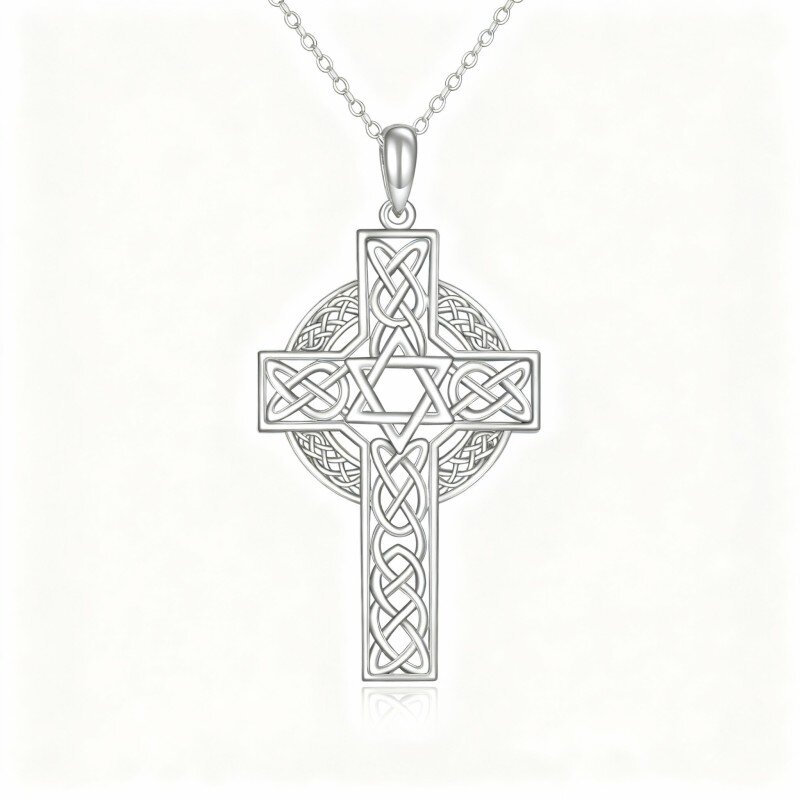 Collana con ciondolo a forma di nodo celtico, croce e stella di David in oro bianco 10 carati-1
