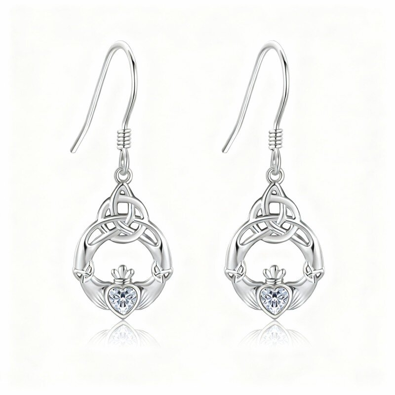 10K White Gold Cubic Zirconia Celtic Knot Drop Earrings-16