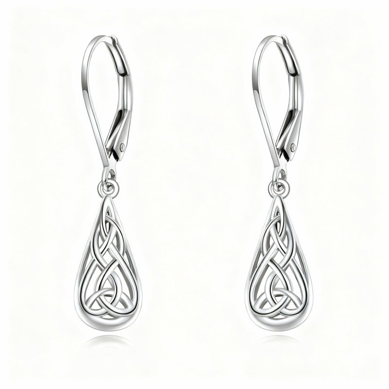 10K White Gold Celtic Knot & Drop Shape Drop Earrings-3