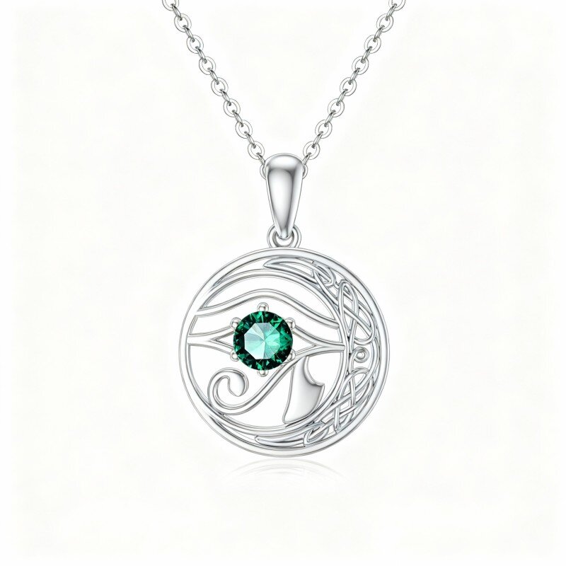 10K White Gold Cubic Zirconia Celtic Knot & Eye Of Horus & Moon Pendant Necklace-17
