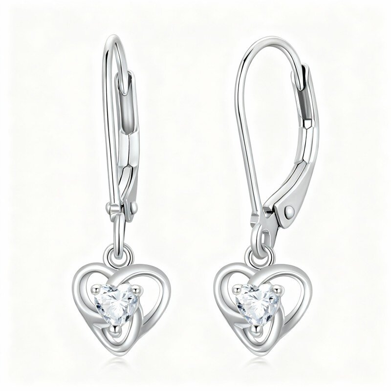 9K White Gold Cubic Zirconia Celtic Knot & Heart Lever-back Earrings-13