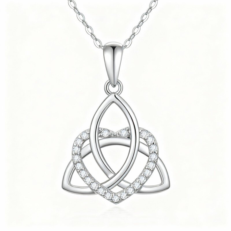 10K White Gold Cubic Zirconia Celtic Knot & Heart Pendant Necklace-11