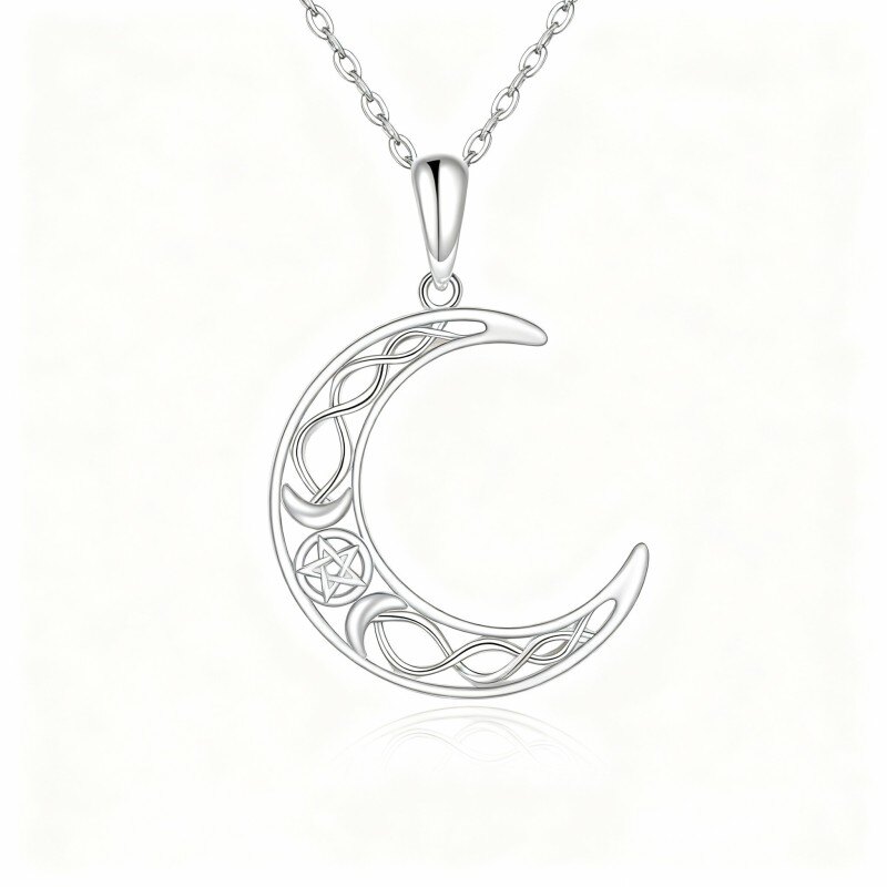 Halskette aus Platin mit weißgoldplattiertem keltischem Knoten- und Mondanhänger-1