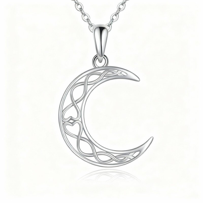 Colar com pendente de nó celta e lua em ouro branco 10K-9
