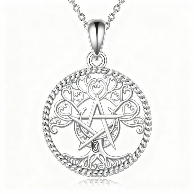 10K White Gold Celtic Spiral Knot & Heart & Pentagram Pendant Necklace-1
